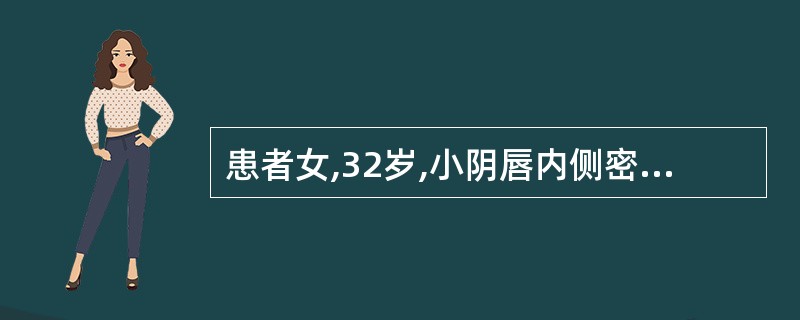 患者女,32岁,小阴唇内侧密集小丘疹,表面光滑,不融合,呈“鱼”,自觉症状缺如,