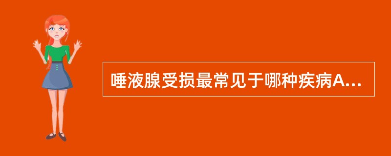 唾液腺受损最常见于哪种疾病A、系统性红斑狼疮B、干燥综合征C、皮肌炎D、MCTD