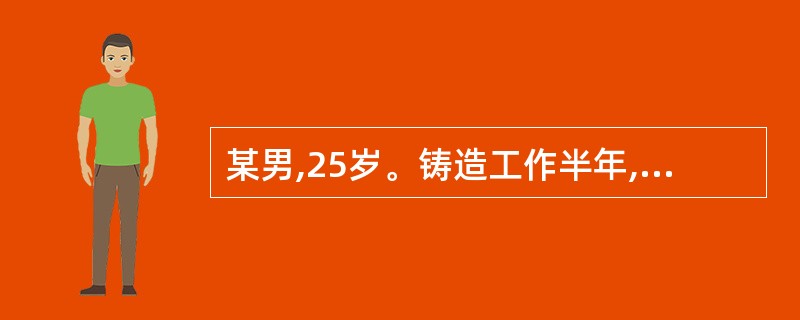 某男,25岁。铸造工作半年,近1个月来感乏力、食欲缺乏、气促、发热、盗汗,伴咳嗽