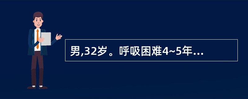 男,32岁。呼吸困难4~5年,渐重。1天前突然咯鲜血,量较大。查体:心尖区舒张期