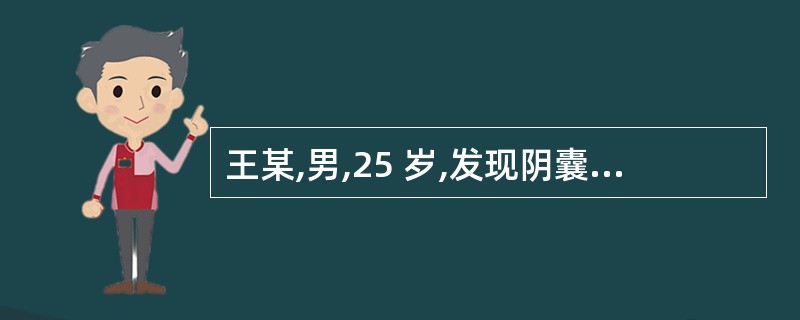 王某,男,25 岁,发现阴囊肿大,不痛,透光实验阳性, 超声显示:睾丸附着鞘膜囊