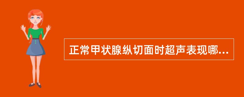 正常甲状腺纵切面时超声表现哪一项是错误的:()。