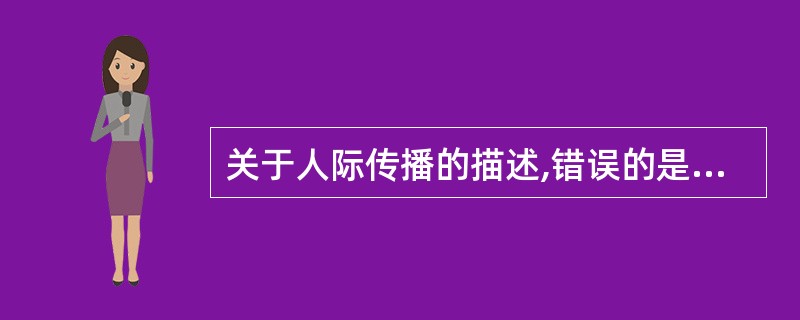 关于人际传播的描述,错误的是A、又称亲身传播B、是建立人际关系的基础C、是人与人