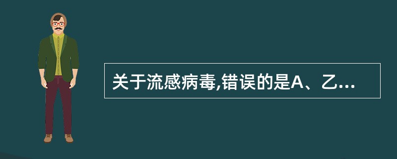 关于流感病毒,错误的是A、乙型和丙型流感病毒不易变异B、鸡胚培养可接种于羊膜腔C