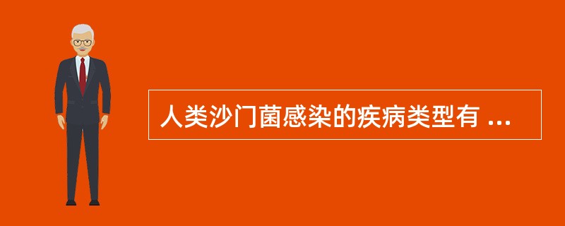 人类沙门菌感染的疾病类型有 ( )A、风湿热B、胃肠炎C、菌血症D、败血症E、肠