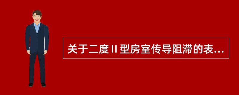 关于二度Ⅱ型房室传导阻滞的表述,不正确的是A、突然P波下传受阻,QRS波群脱落B