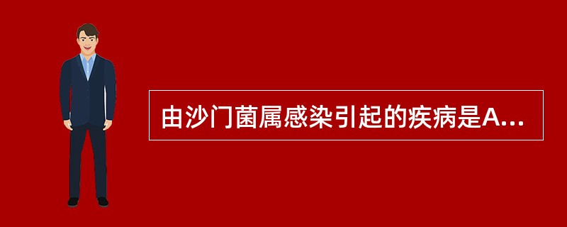 由沙门菌属感染引起的疾病是A、伤寒B、斑疹伤寒C、霍乱D、鼠疫E、炭疽