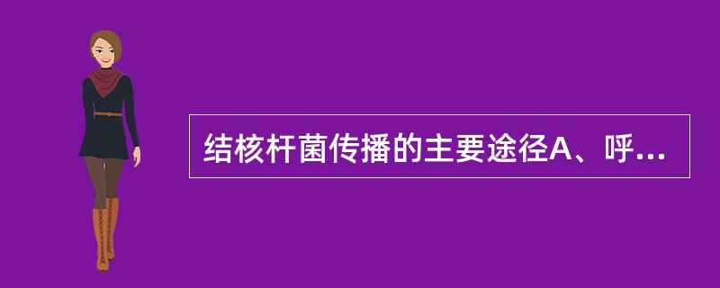 结核杆菌传播的主要途径A、呼吸道B、皮肤伤口C、消化道D、胎盘E、接种