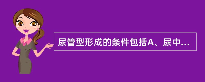 尿管型形成的条件包括A、尿中有细胞或颗粒B、尿中有蛋白质C、肾小管有浓缩酸化尿液