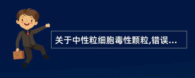 关于中性粒细胞毒性颗粒,错误的是A、比正常中性颗粒粗大,大小不等,分布不均B、为