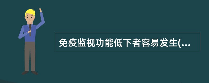 免疫监视功能低下者容易发生( )。A、免疫缺陷B、肿瘤C、自身免疫病D、病毒持续