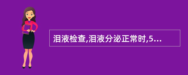 泪液检查,泪液分泌正常时,5分钟后滤纸条可被浸湿10~15mm。不到5mm为异常