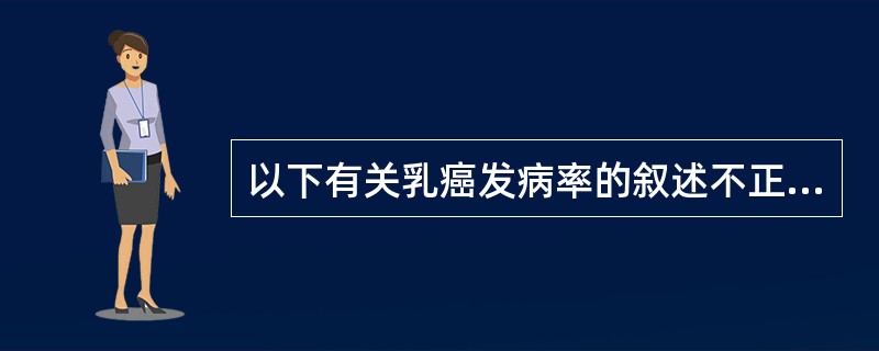 以下有关乳癌发病率的叙述不正确的是A、乳癌发病率与雌激素水平密切相关B、更年期后