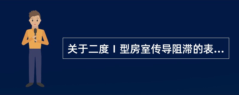 关于二度Ⅰ型房室传导阻滞的表述,不正确的是A、PR间期进行性延长,直至一个P波不