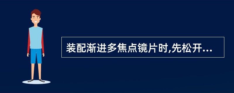 装配渐进多焦点镜片时,先松开锁紧块螺丝,将镜片装入镜圈槽内,注意镜片隐性刻印的连