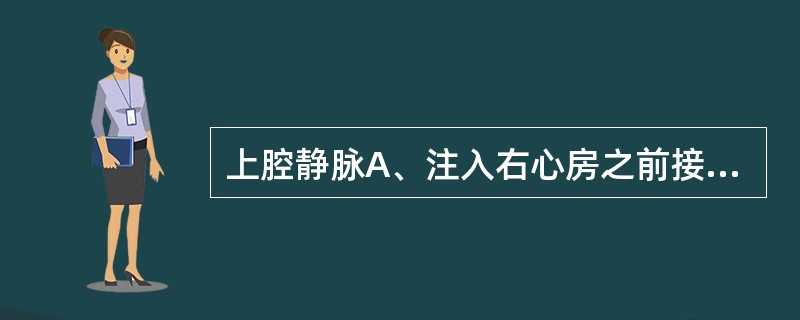 上腔静脉A、注入右心房之前接受冠状窦静脉B、由左锁骨下静脉与右头臂静脉汇合而成C