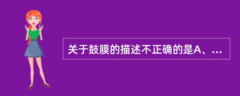 关于鼓膜的描述不正确的是A、位于鼓室与外耳道底之间B、为鼓室的外侧壁C、在外耳道