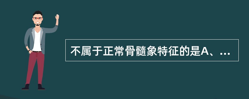 不属于正常骨髓象特征的是A、有核细胞增生活跃B、粒£¯红比例为2∶1~4∶1C、