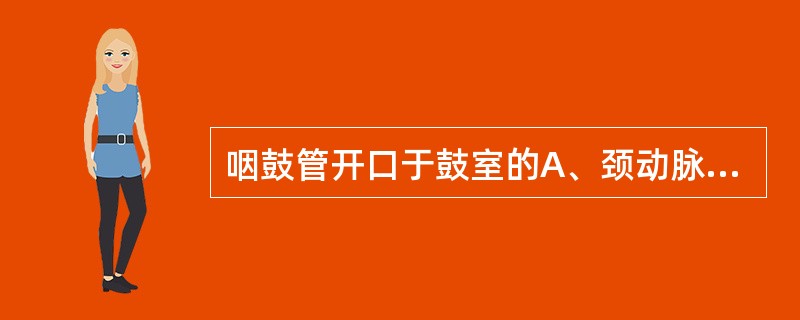 咽鼓管开口于鼓室的A、颈动脉壁(前壁)B、盖壁(上壁)C、迷路壁D、颈静脉壁(下