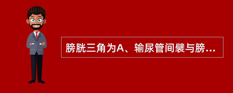 膀胱三角为A、输尿管间襞与膀胱尖之间B、尿道内口与膀胱底之间C、尿道内口与膀胱尖