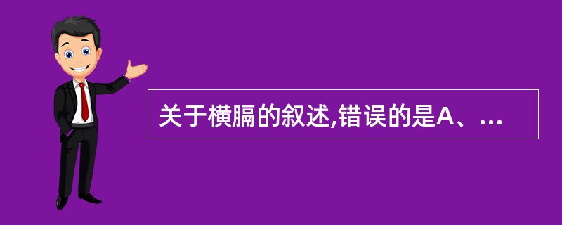 关于横膈的叙述,错误的是A、肺气肿时,膈肌下降B、急性无气肺,膈成为高位C、左膈