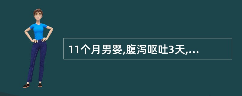 11个月男婴,腹泻呕吐3天,精神萎靡,前囟及眼窝明显凹陷,口唇黏膜极干燥,皮肤弹