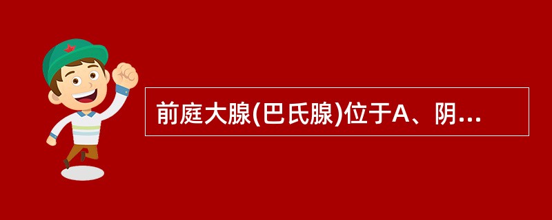 前庭大腺(巴氏腺)位于A、阴蒂上端两侧B、小阴唇两侧C、阴阜下方,阴唇两侧D、会