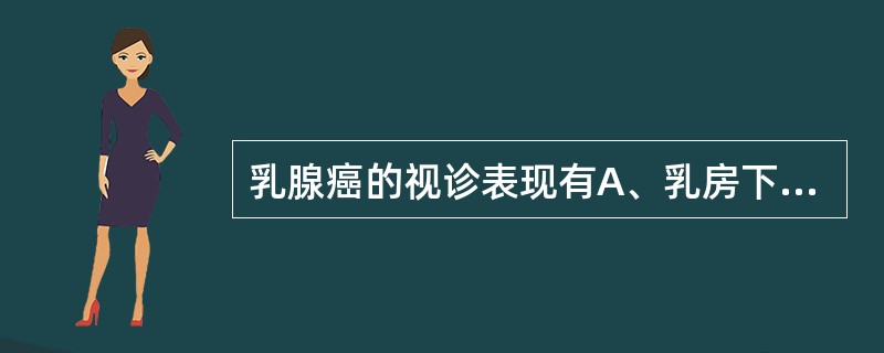 乳腺癌的视诊表现有A、乳房下垂B、乳房皮肤呈"橘皮样"改变C、乳房缩小D、乳头抬