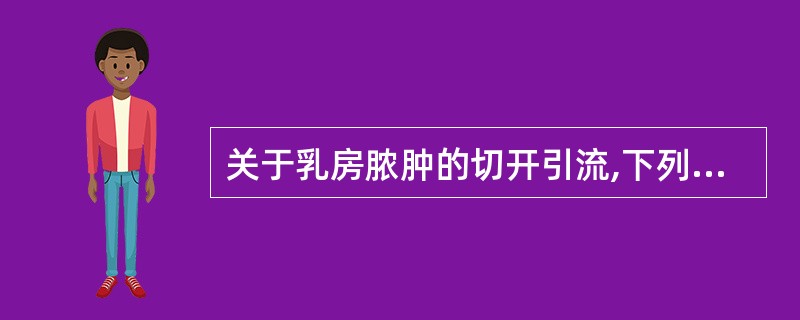 关于乳房脓肿的切开引流,下列叙述错误的是( )A、以乳头为中心,呈放射方向B、切