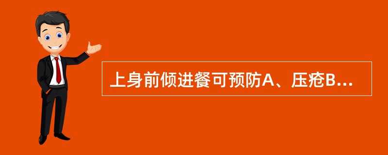 上身前倾进餐可预防A、压疮B、肌力减弱C、关节畸形D、肌肉萎缩E、吸入性肺炎 -