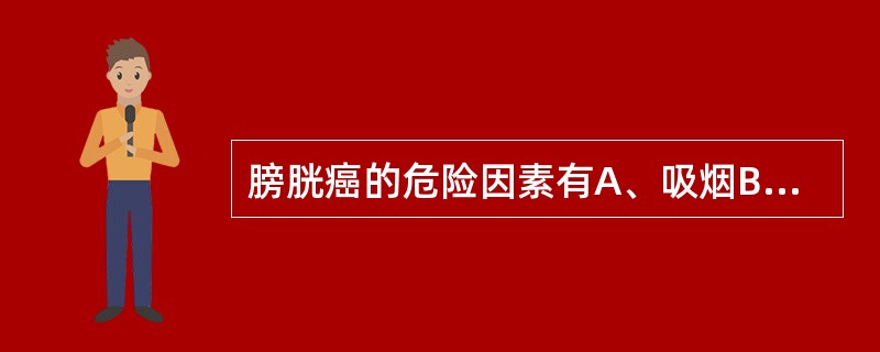 膀胱癌的危险因素有A、吸烟B、使用糖精C、长期服用镇痛药物D、长期尿失禁E、长期