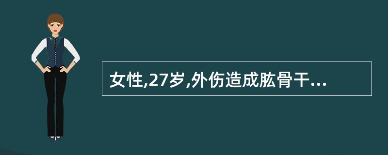 女性,27岁,外伤造成肱骨干骨折合并桡神经损伤,其受伤早期最可能发生A、爪形手B