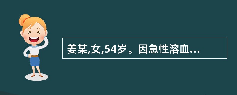 姜某,女,54岁。因急性溶血并发急性肾衰竭收治入院。24小时尿量150ml,血钾