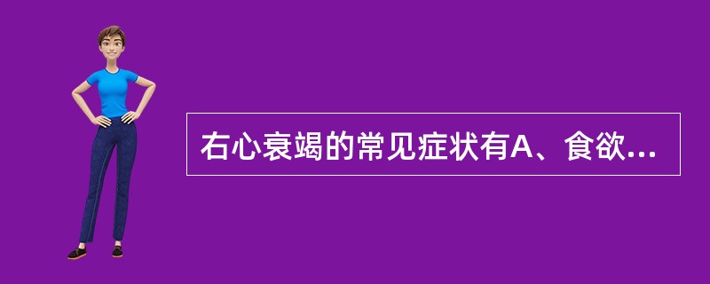 右心衰竭的常见症状有A、食欲减退B、咳嗽、咳痰C、肝区胀痛D、劳力性呼吸困难E、