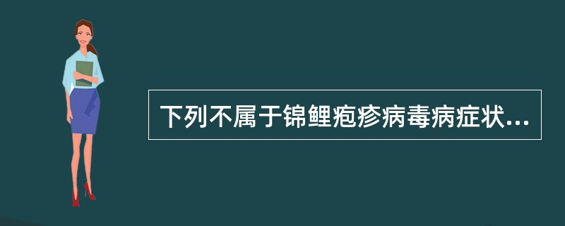 下列不属于锦鲤疱疹病毒病症状的是()A、皮肤上出现苍白块斑与水疱B、鳃出血,出现