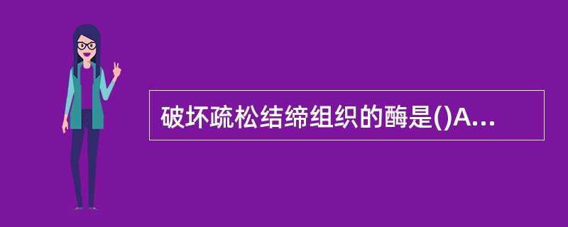 破坏疏松结缔组织的酶是()A、透明质酸酶B、弹性蛋白酶C、胶原蛋白酶D、酸性磷酸