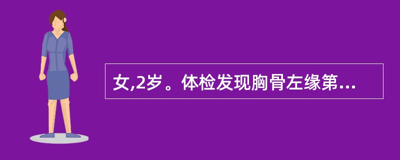 女,2岁。体检发现胸骨左缘第2~3肋间Ⅱ~Ⅲ级收缩期杂音,肺动脉瓣区第2音亢进,