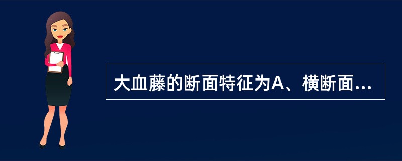 大血藤的断面特征为A、横断面皮部呈红棕色,有数处向内嵌入木部B、髓小,偏向一侧C