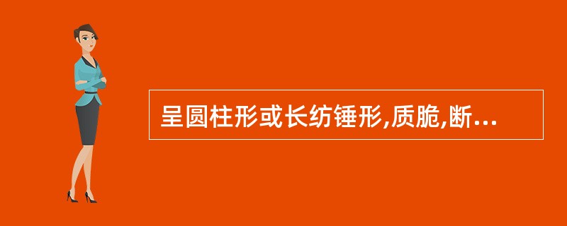 呈圆柱形或长纺锤形,质脆,断面可见放射状裂隙,皮部类白色,形成层环棕色,木部淡黄