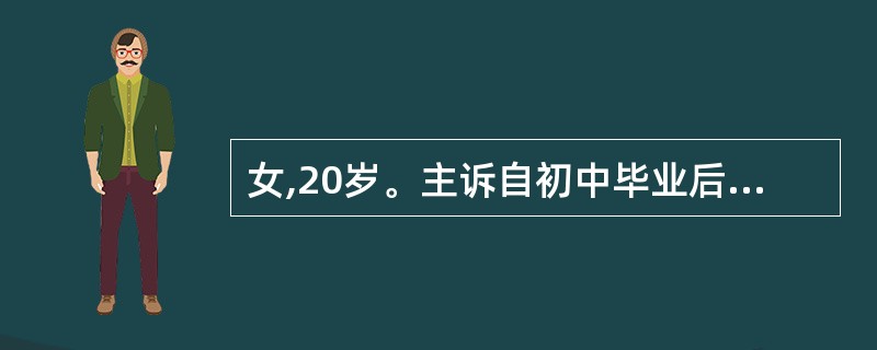 女,20岁。主诉自初中毕业后,越来越不能与陌生人接触,近1年来发展为见到熟人也害