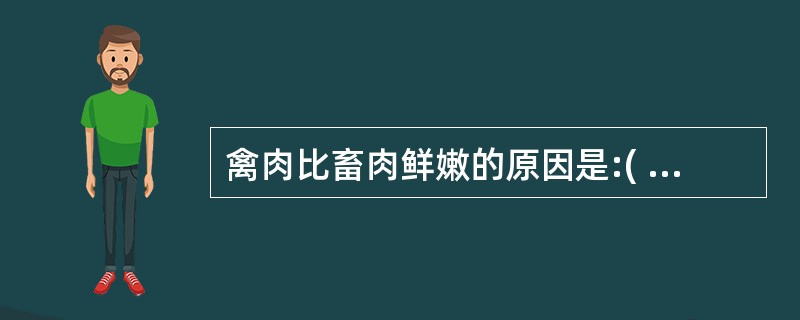 禽肉比畜肉鲜嫩的原因是:( )。A、有较多柔软的结缔组织,且均匀分布于肌肉组织内