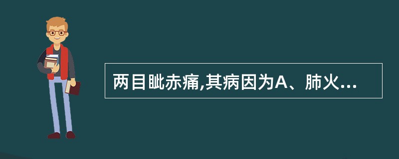 两目眦赤痛,其病因为A、肺火B、肝经风热C、脾有湿热D、风热上攻E、心火