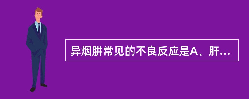 异烟肼常见的不良反应是A、肝毒性B、中枢神经毒性C、肺纤维化D、心脏毒性E、胰腺