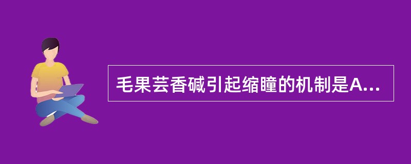 毛果芸香碱引起缩瞳的机制是A、阻断瞳孔括约肌上的M受体B、阻断瞳孔辐射肌上的α受