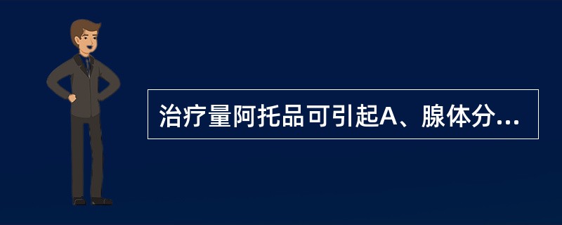 治疗量阿托品可引起A、腺体分泌增加B、体温升高C、血管扩张D、中枢兴奋E、心率加