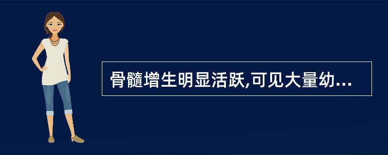 骨髓增生明显活跃,可见大量幼稚细胞。此类细胞占80%,核形折叠、扭曲,可见核仁。