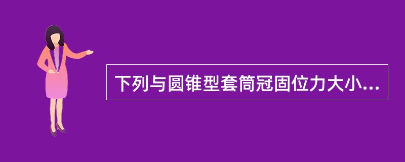 下列与圆锥型套筒冠固位力大小关系最密切的是 ( )A、内外冠密合度B、内冠垂直高