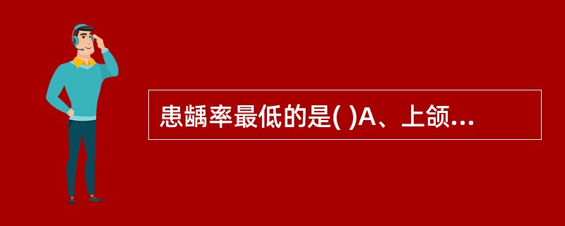 患龋率最低的是( )A、上颌前磨牙B、上颌磨牙C、上颌前牙D、下颌前磨牙E、下颌