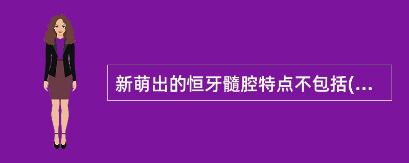 新萌出的恒牙髓腔特点不包括( )A、髓角高B、根管直径较小C、根尖孔较大D、根管