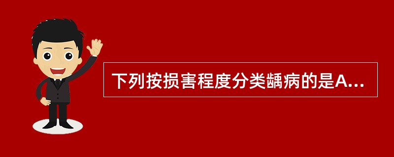 下列按损害程度分类龋病的是A、急性龋B、慢性龋C、中龋D、静止龋E、窝沟龋 -